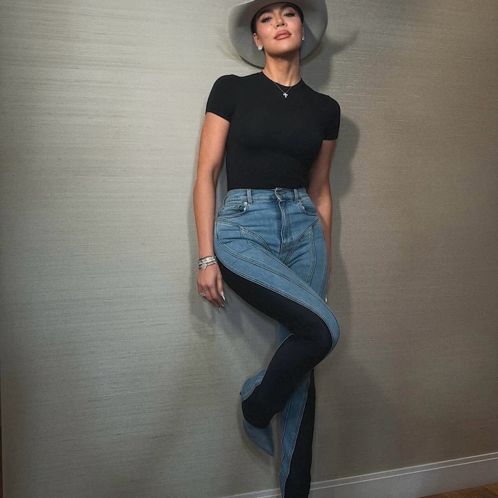 Thierry Mugler High Rise Two-Tone Jeans in Black and Blue